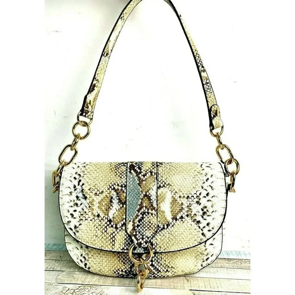 NEW JustFab GRAY BEIGE SNAKE PRINT VEGAN LEATHER MEDIUM FLAP SHOULDER BAG PURSE